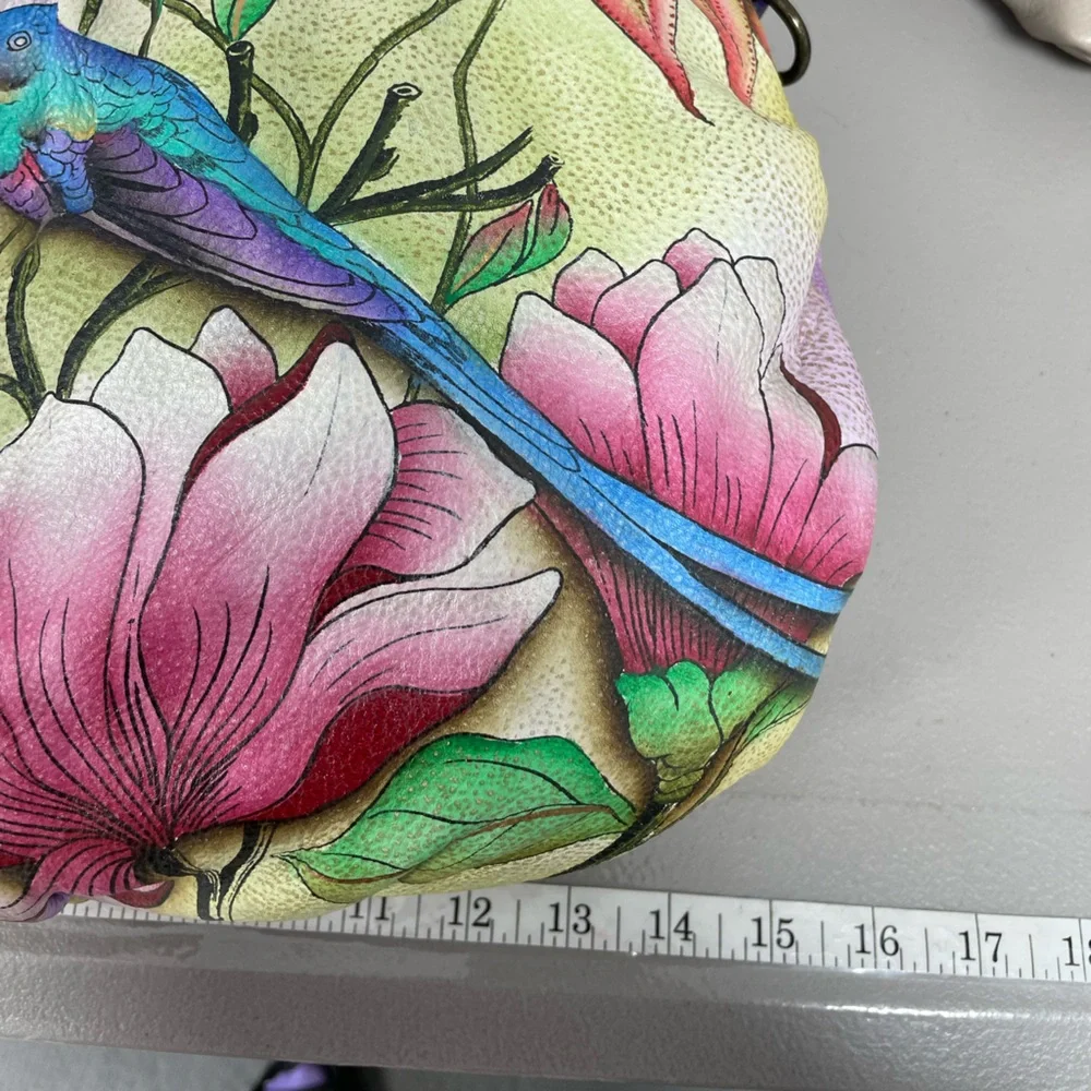 ANUSCHKA Hobo Bag Hand Painted Leather Purse Birds Tropical Flowers - Picture 9 of 15